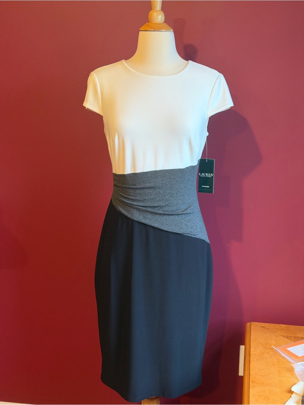 Lauren Ralph Lauren White, Gray & Black Colorblock Faux-Wrap Pencil Dress